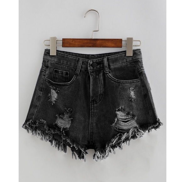 Pants - Black Bleach Destroyed Mid Waist Shorts